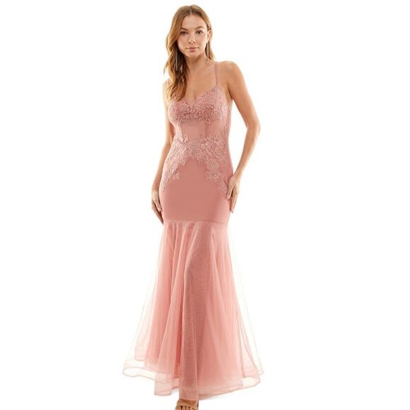 BCX Juniors' Embroidered Tulle-Skirt Sleeveless Gown, evening dress size 0 rose - Picture 1 of 15